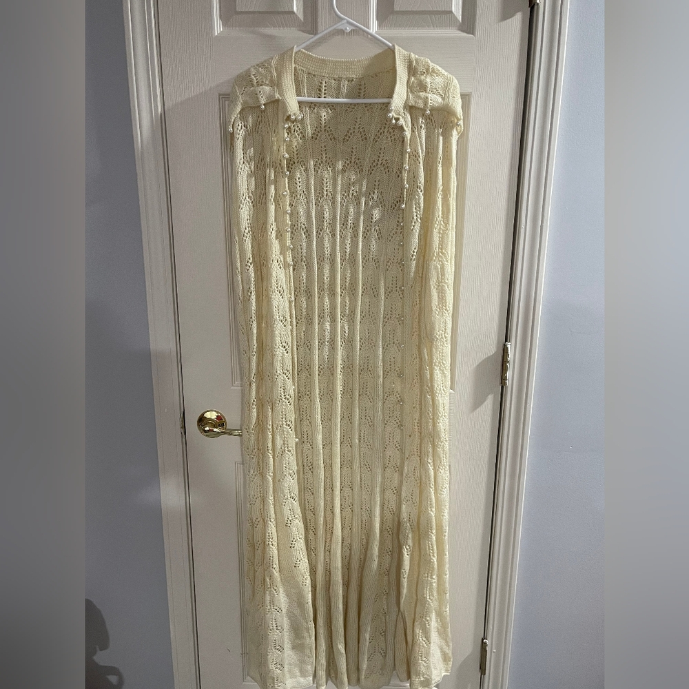 Vintage Cream Grannycore Knit Long Hooded Sweater Shawl Pearl Button Accent OSFM